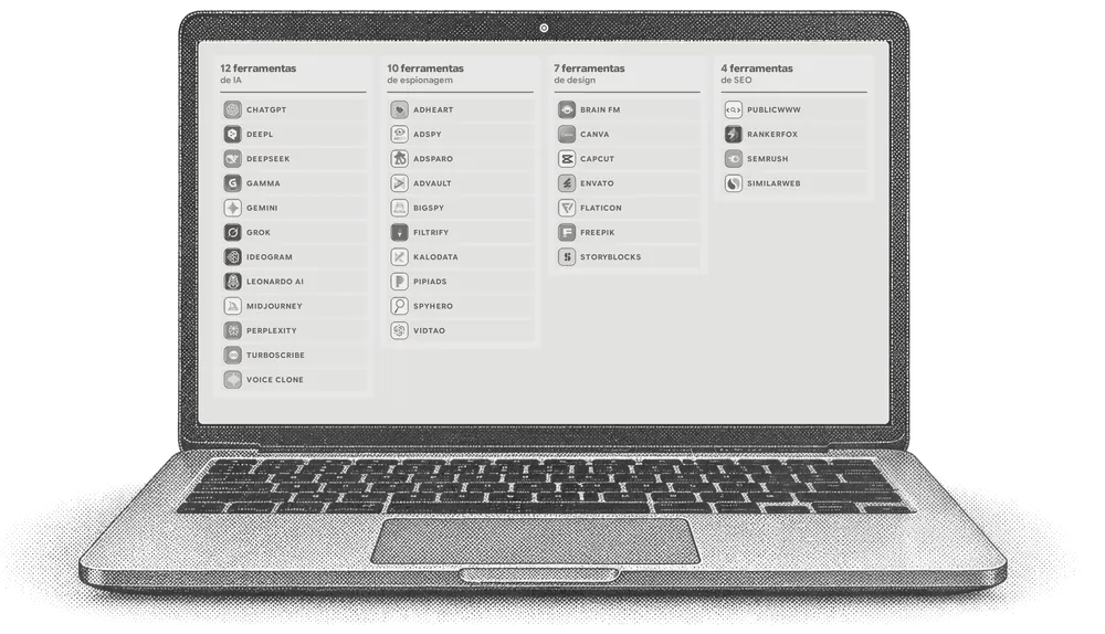 Notebook com as 33 ferramentas apagadas: assinando cada uma separada
