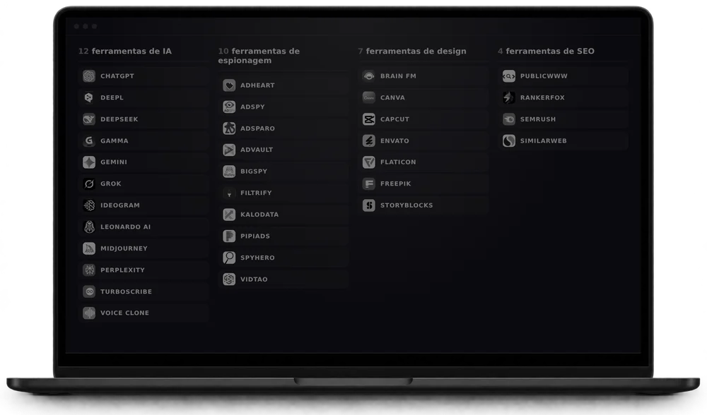 Notebook com as 33 ferramentas apagadas: assinando cada uma separada