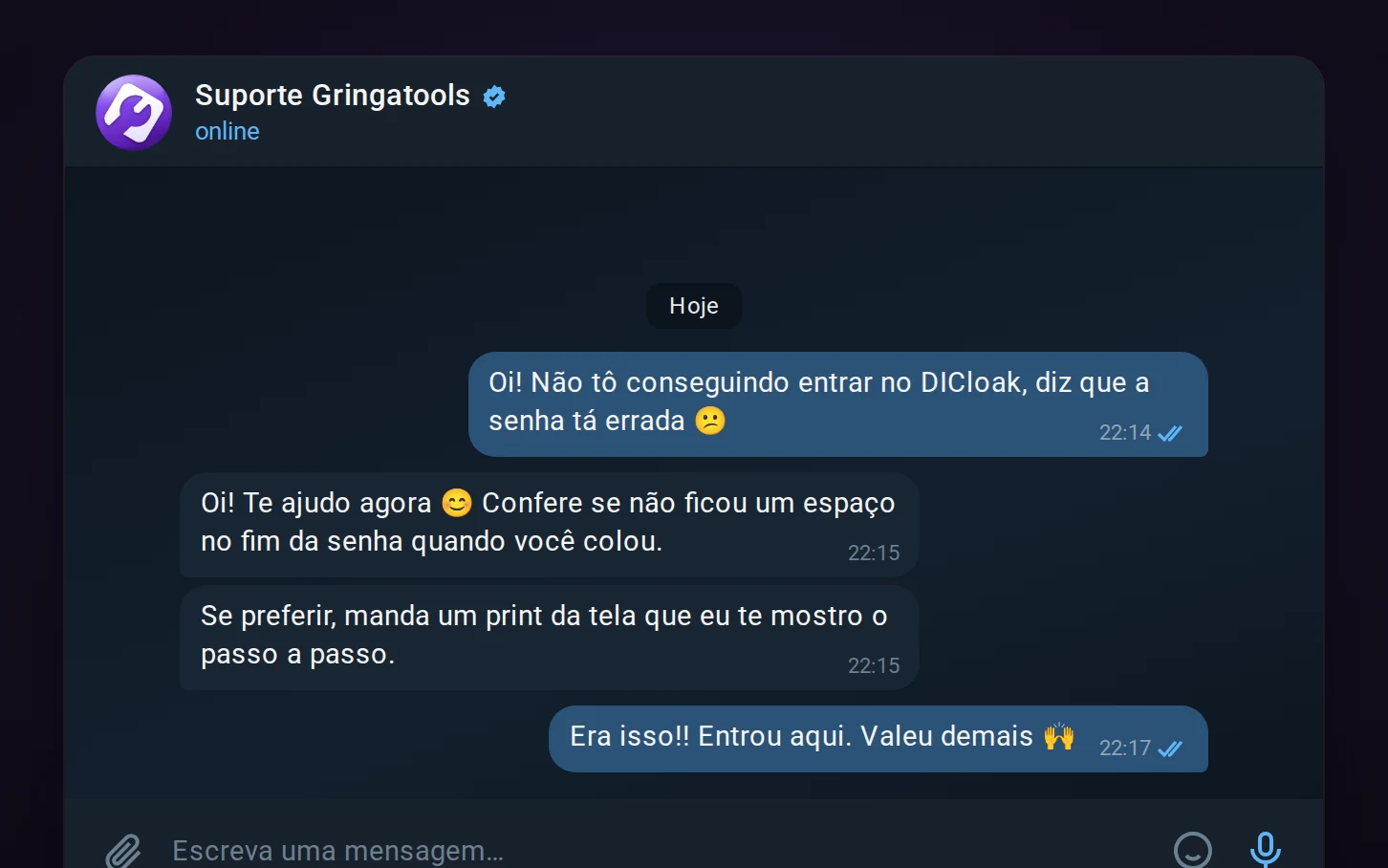 Conversa com o suporte da Gringatools no Telegram